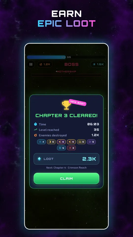 Chapter victory screen with crystal rewards